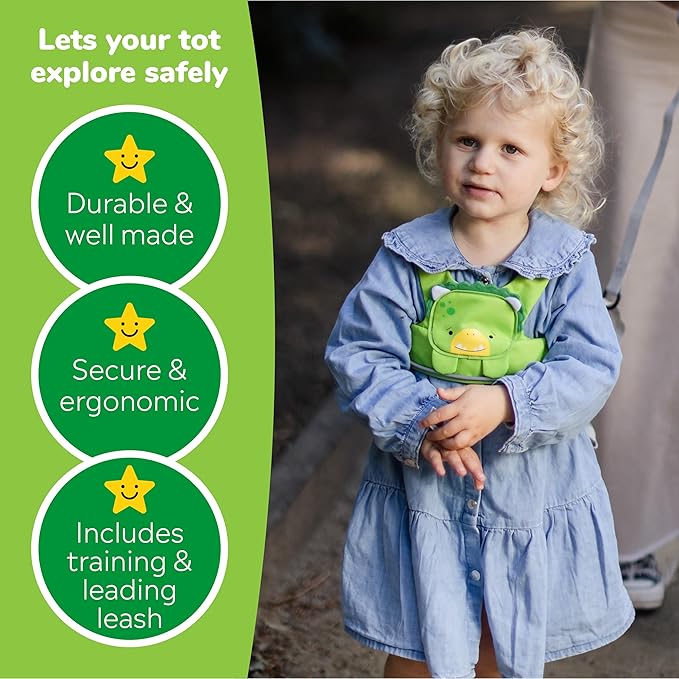 Trunki Toddler Leash - Fuss Free Toddler Walking Reins & Kids Safety Harness | Baby Leash for Kids – Dudley Dinosaur (Green)