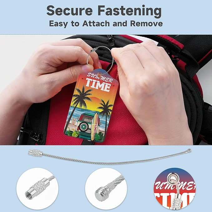 Retro Bus Luggage Tags for Suitcases,2 Pack Surfboard Palm Luggage Tag,Leather Stainless Steel Loop Label Tag for Women Men Girls Travel Bag Suitcase