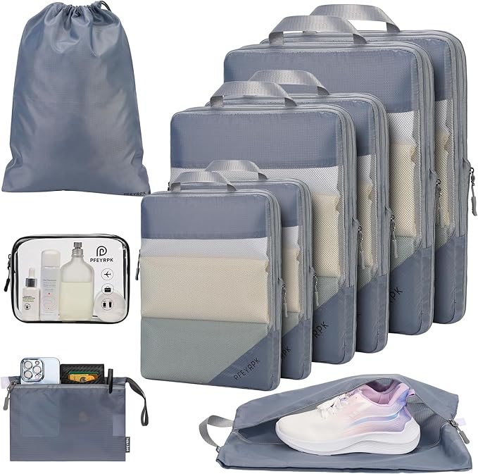 Lightweight Compression Packing Cubes for Suitcases, Compressible Expandable Travel Packing Organizer with Clear Toiletries and Backpack Bag, Travel Essentials for Carry on Luggage 7 Set