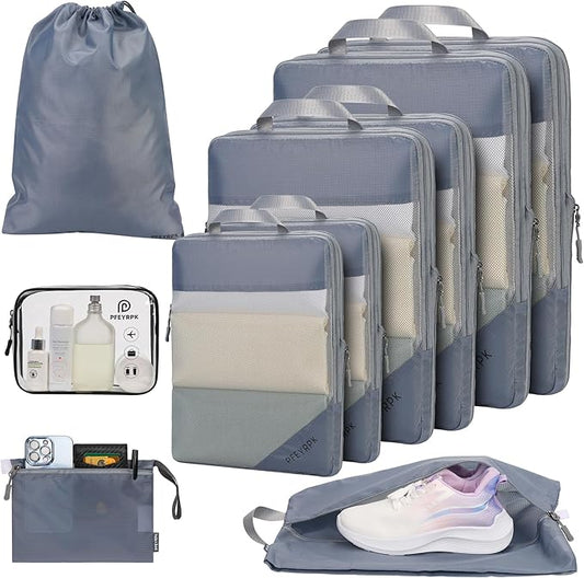 Lightweight Compression Packing Cubes for Suitcases, Compressible Expandable Travel Packing Organizer with Clear Toiletries and Backpack Bag, Travel Essentials for Carry on Luggage 7 Set