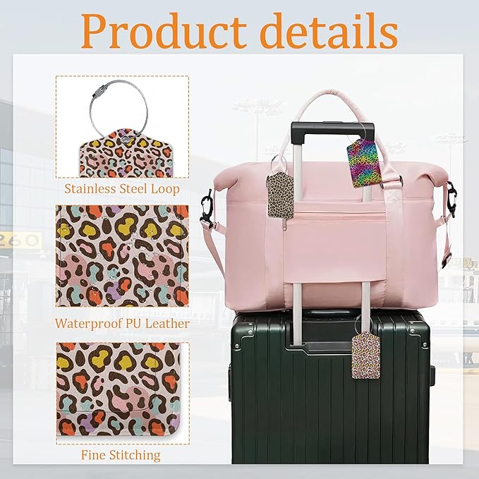 Leopard Pattern 3 Pack Luggage Tag for Suitcase, Unique Leather Travel Tags Identifiers with Privacy Name Address Labels & Durable Steel Loop for Women Men Travel
