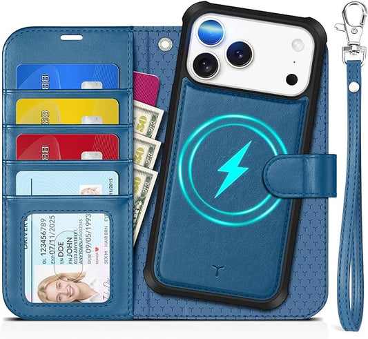 TUCCH Detachable Case Wallet for iPhone 17 Pro Max 6.9" 2025, Wrist Strap | 4 Card Slots RFID Blocking | Wireless Charging | Stand | 2-in-1 Magnetic | PU Leather | Shockproof Folio Cover | Light Blue