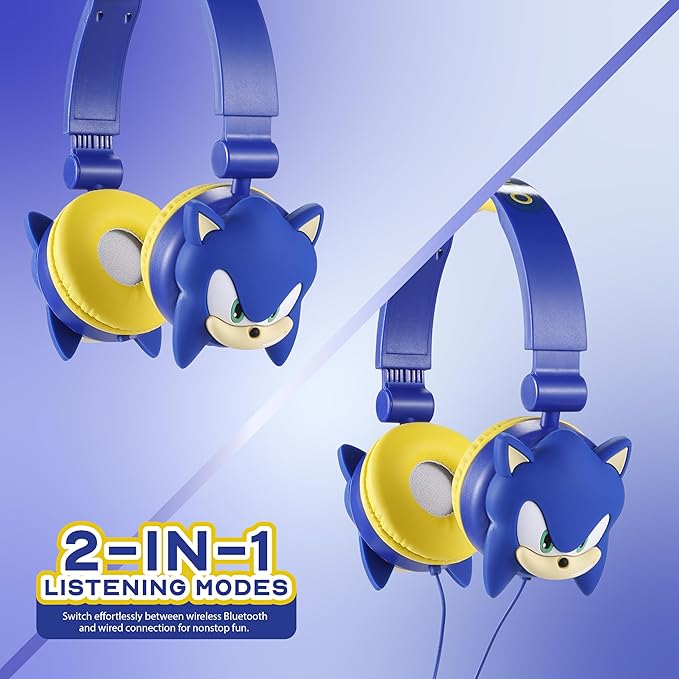Sonic The Hedgehog - Kids Bluetooth Headphones, Wireless & Wired Over-Ear Headphones with Safe Volume, Adjustable Headband, Rechargeable Battery & Stereo Sound – Perfect for School, Home, & Travell