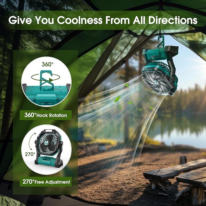 Portable Rechargeable Fan, 20000mAh Cordless Battery Powered Camping Tent Fans with LED Lantern, Small USB C Operated Outdoor Ventilador for Travel Camp Fishing Picnic Bedroom Power Outage Emergency