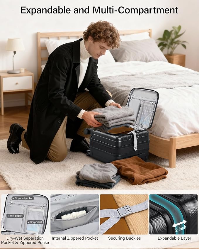 Hanke 16 Inch Expandable Under Seat Luggage with Wheels Top Opening Small Suitcase with Wheels Carry On Luggage Airline Approved Lightweight Hard Shell Suitcases for Weekender Overnight-Jet Black