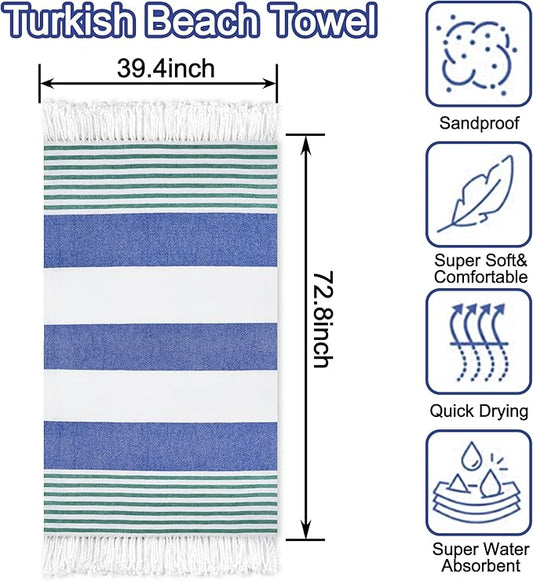 Beach Towel 2 Pack, Sand Free Oversized 39 x 72, Turkish Quick Dry Towel, Lightweight Pool Travel Towel, Cool Beach Essentials Super Absorbent