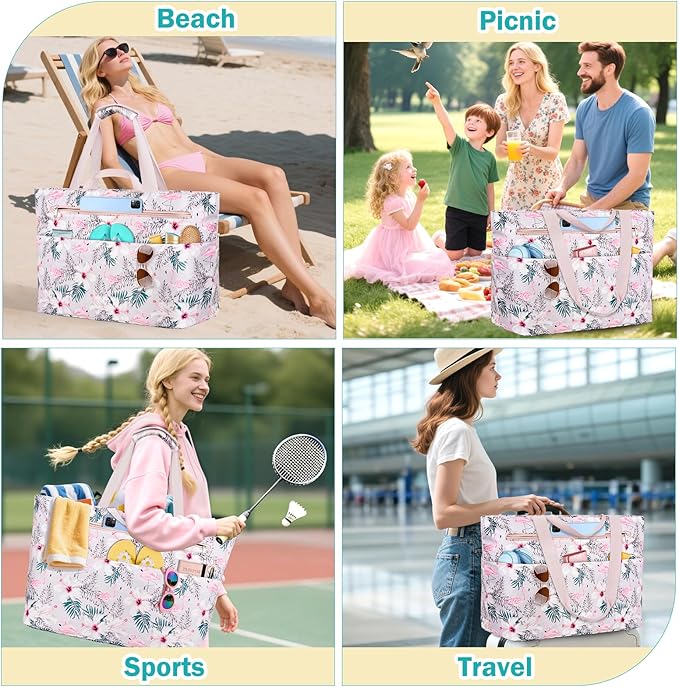 Extra Large Beach Bags for Women, Waterproof Sandproof Beach Tote Bag Zipper Foldable Swim Pool Bag with Wet Pocket