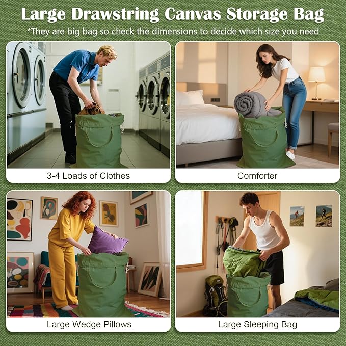 Canvas Laundry Bag 33"x 35", Thick Cotton Laundry Bag with Handles & Drawstring, Extra Large Heavy Duty Washable Basket Liner Hamper Liner Canvas Storage Sack (XL ArmyGreen)