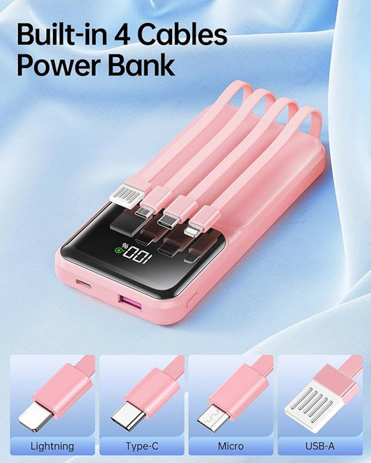 Portable Charger with Built in Cable - 20000mAh Fast Charging Slim 22.5W Power Bank USB C LED Display Battery Pack 5 Outputs & 3 Inputs for Travel Essentials iPhone Samsung Android Phones Tablets