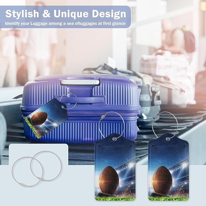 Set of 2 Luggage Tags,American Football Leather Suitcases Tag Identifiers with Privacy Name Address Labels & Durable Steel Loop for Women Men Travel