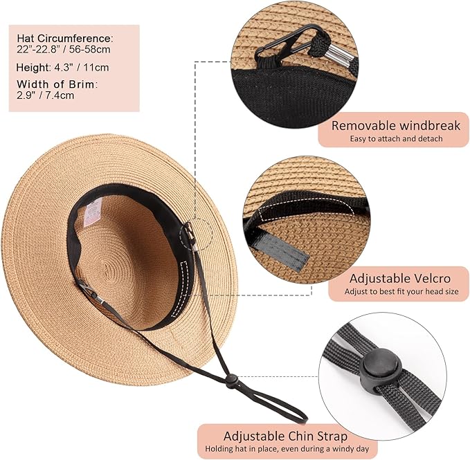 DRESHOW Women Straw Panama Hat Travel Fedora Beach Sun Hat Summer Wide Brim Straw Roll up Hat UPF 50+