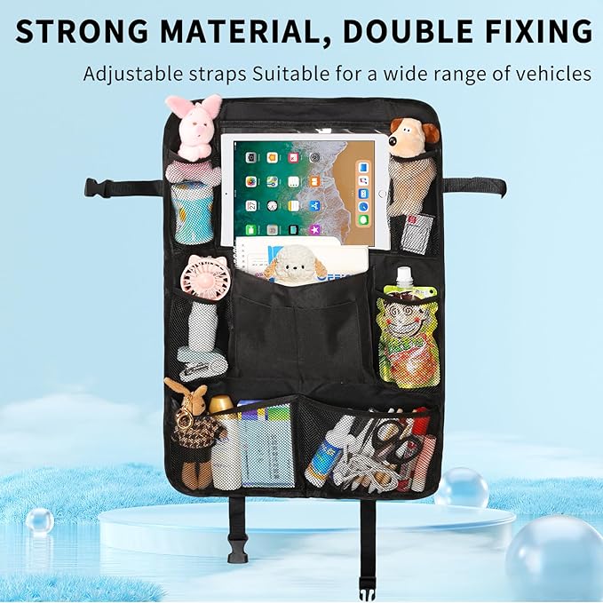 Backseat Car Organizer with Touch Screen Tablet Holder, Storage Pockets, Foldable Food Tray, Kick Mats Back Seat Protector, Travel Accessories for Kids and Adults (Rear Seat Organizer-2pc)