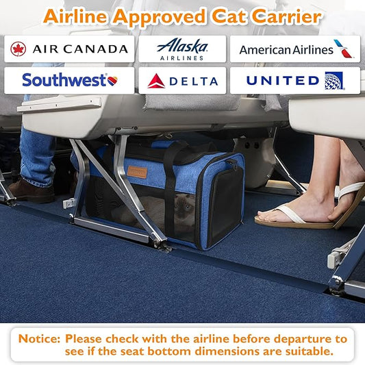 PETUX Cat Travel Carrier with Litter Box - 17"x11"x9.5", TSA Airline Approved, Underseat, Soft Sided Pet Carrier for Small Cats Under 12 lb with Safety Zipper, Anti-Scratch Mesh - Blue
