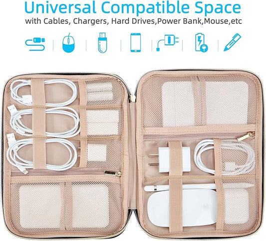 NISHEL Travel Cord Organizer Case, Tech Electronic Bag, Essentials for Charger, Cable, Phone, Hard Drive, USB, SD Card, Rosewood-Pink