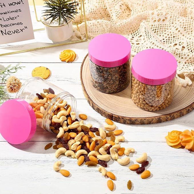 SATINIOR 12 Pack 16 oz Plastic Container Jars with Lids Round Clear Travel Cosmetic Container Slime Jars for Toiletries, Lotion, Cream, Ointments, Makeup, Rhinestone, Samples, Kitchen Storage(Pink)