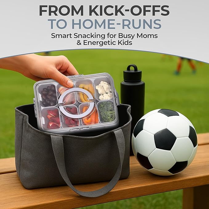 Snackle Box Container with Lid- Travel Charcuterie Box with Handle - Organizer for Candy, Fruit, Nuts, Veggies, Snacks, Beach Essentials, Portable Lunch Box (Grey, Large)