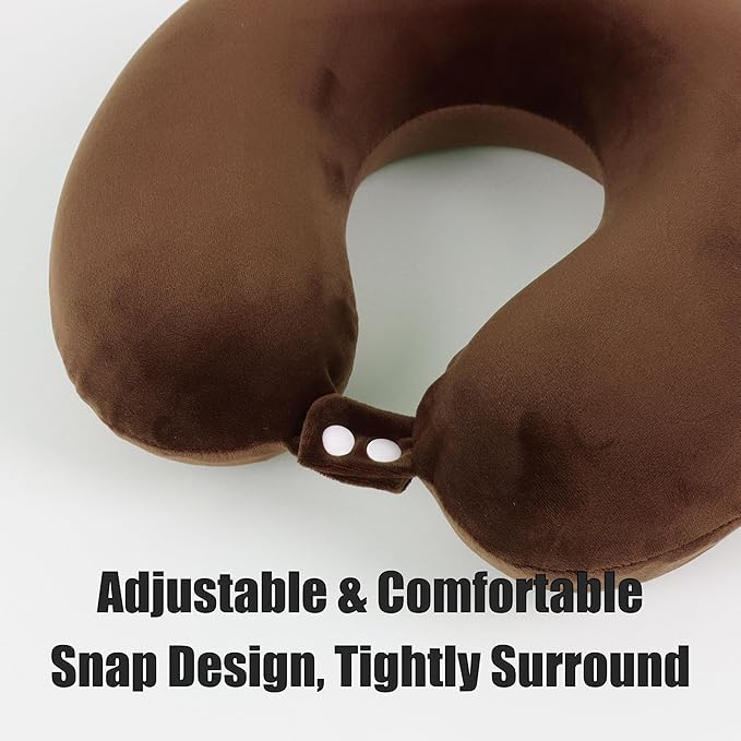 Sexysamba Pure Memory Foam Travel Pillow Set for Adults - Comfortable & Removable Machine Washable Cover, Neck Support Pillow Airplane Travel Kit with Eye Mask for Portable Plane Accessories - Brown