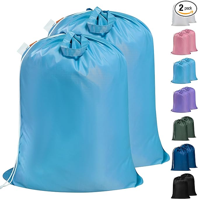 Polecasa Heavy Duty Large Laundry Bag with 130gsm Tear Resistant Fabric and Handles, Easy to Carry Durable Dirty Clothes Drawstring Bag, Perfect for College Dorm,Travel, 2 Pack 28”x36”,Gulf Blue