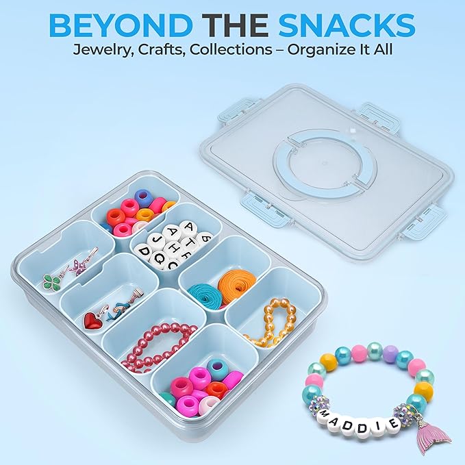 Snackle Box Container with Lid- Travel Charcuterie Box with Handle - Organizer for Candy, Fruit, Nuts, Veggies, Snacks, Beach Essentials, Portable Lunch Box (Blue, Large)