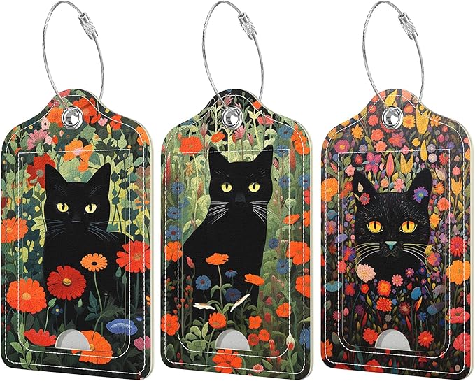 Rimilak 3 Pcs PU Leather Luggage Tags for Suitcase, Travel Cruise Luggage Tag with Privacy Flap, Name ID Label and Metal Loop for Women Men Baggage Handbag School Bag Backpack, Black Cat