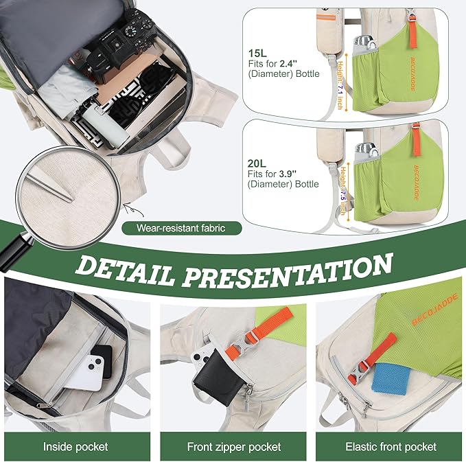 BECOJADDE 15L Small Hiking Backpack for Men Women Foldable Packable Back Pack Ultralight Hiking Daypack for Travel Camping Outdoor, Beige Green