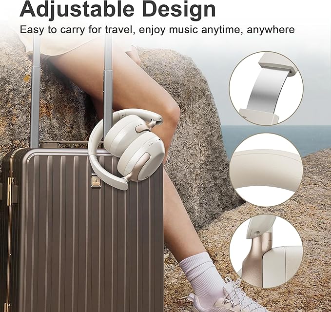 LORELEI Q30 Bluetooth Headphones Over Ear,60H Playtime & 3 EQ Music Modes,BT6.0 Headphones Wireless with Mic,Foldable Lightweight Headsets,HiFi Stereo Deep Bass for Home Travel iPad Tablet-Beige White