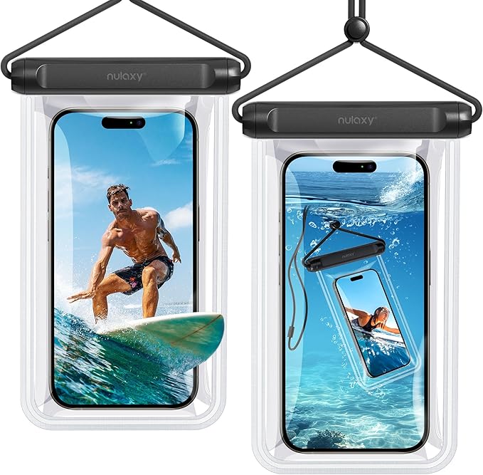 Nulaxy 2 Pack IPX8 TPU Waterproof Phone Pouch Double Sealing, Cell Phone Dry Bags with Lanyard Fit up to 7.5" Devices, Protector Case for iPhone 15 14 13 12 11 Pro Max Plus XR, Galaxy S24 S23 - Black