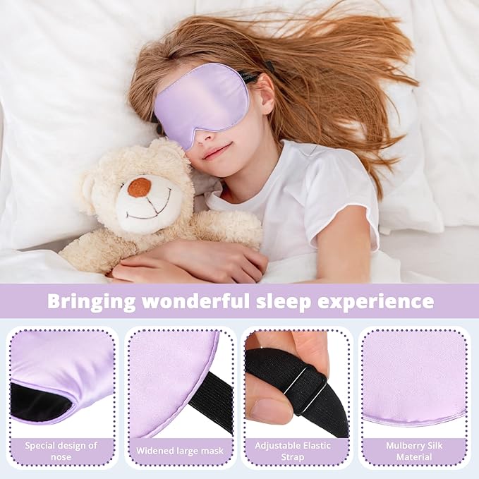 Kids Sleep Mask Eye Cover, 100% Real Natural Pure Silk Eye Mask with Adjustable Strap, Blindfold Kids Eye Mask for Sleeping, Eye Shade for Boys Girls and Adult, Pressure-Free Comfort (Purple)