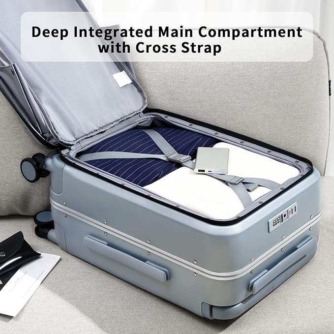 MILADA Wide Handle Luggage with Front Pocket Hardshell Aluminium Check In Suitcase with Wheels Medium 24 Inch Front Opening Checked Luggage with Spinner Wheels TSA Lock Airline Approved Luggage, Grey