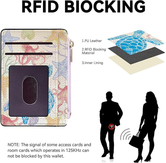 Tipmile Credit Card Holder for Women Slim Minimalist Front Pocket RFID Blocking Wallet Small Compact Card Case with ID Window, Watercolor Turtle