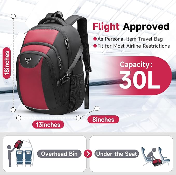 Laptop Travel Backpack with USB Charging Port, Anti-Theft Travel Business Backpack Fits 17 Inch Notebook, 30L Water-Resistant Work Computer Backpack, College School Bookbag for Men Women, Red/Black