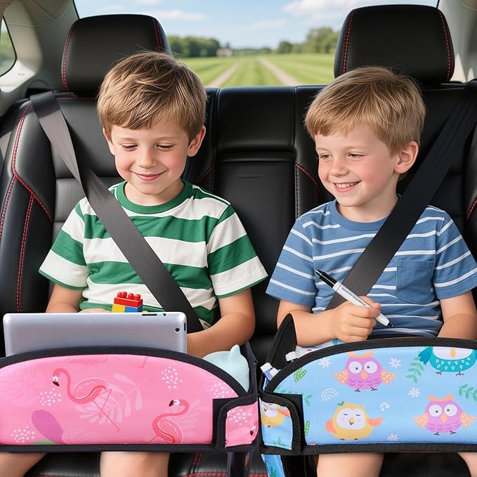 WENRENER 2PCS Kids Travel Tray, Car Seat Tray for kids Travel, Toddler Road Trip Essentials With Drawing Kit, Toddler Lap Desk Organizer for Car, Carseat Table for Airplane