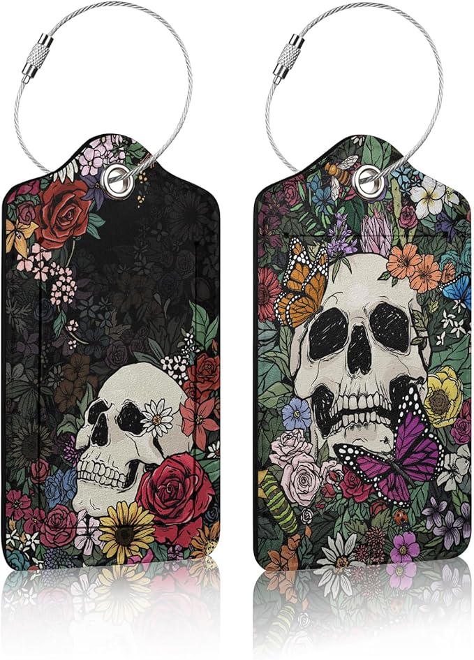 2 Pack Luggage Tag for Suitcase,Skull Flowers Luggage Tag with PU Leather Privacy Cover ID Label & Stainless Steel Loop for Women Men Travel Bag Suitcase