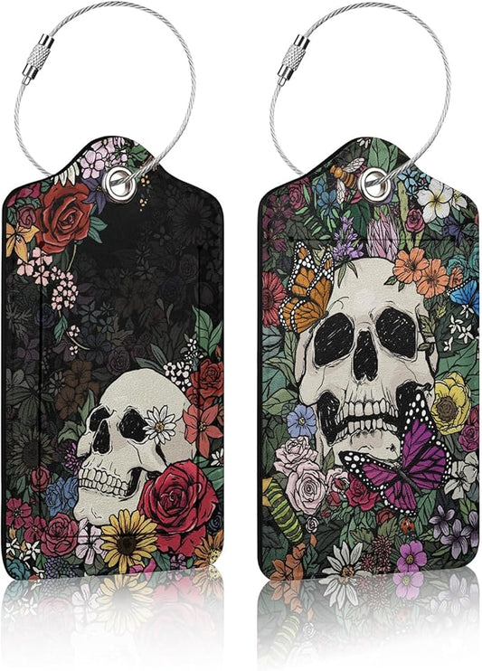 2 Pack Luggage Tag for Suitcase,Skull Flowers Luggage Tag with PU Leather Privacy Cover ID Label & Stainless Steel Loop for Women Men Travel Bag Suitcase