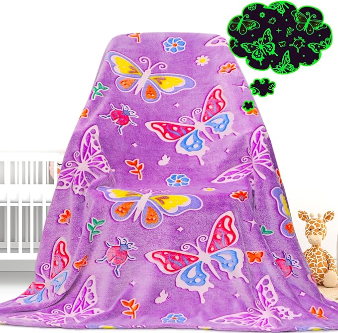Butterfly Blanket Glow in The Dark Blanket Gifts for Girls, Toys for 1 2 3 4 5 6 7 8 9 10 Year Old Girls Birthday Gifts Butterfly Gifts for Adults Kids,Soft Warm Kids Throw Blanket 80"x60"