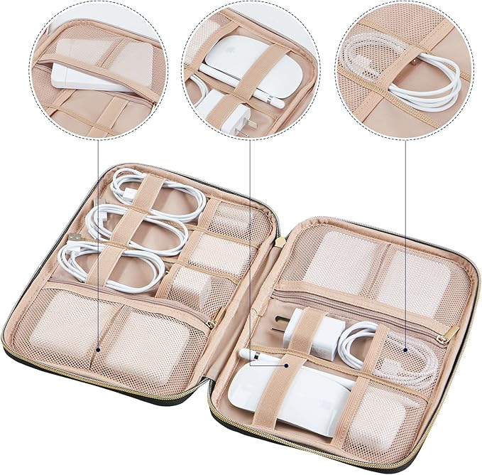 NISHEL Travel Cord Organizer Case, Tech Electronic Bag, Essentials for Charger, Cable, Phone, Hard Drive, USB, SD Card, Rosewood-Pink