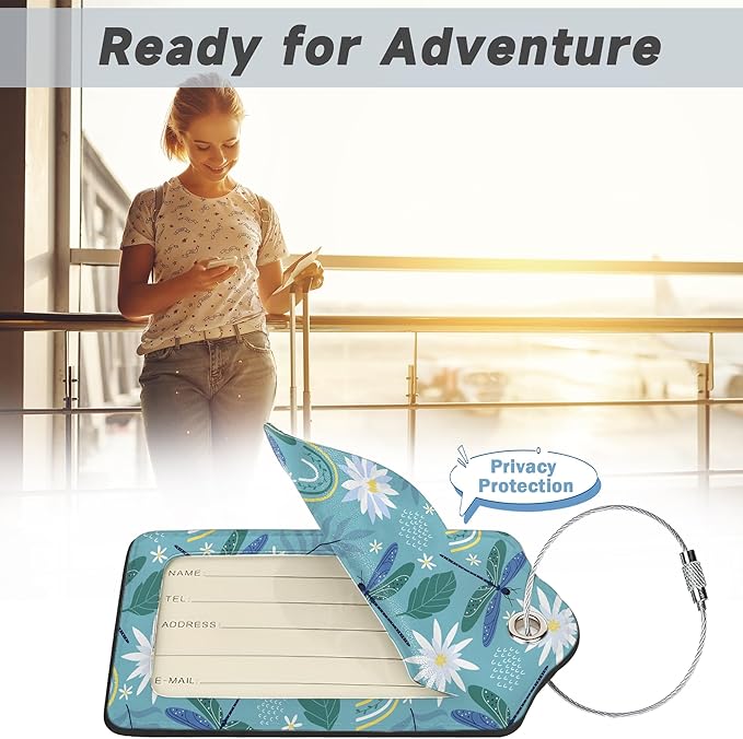 Dragonflies Luggage Tags for Suitcases,2 Pack Rainbows and Flowers Luggage Tag,Leather Stainless Steel Loop Label Tag for Women Men Girls Travel Bag Suitcase