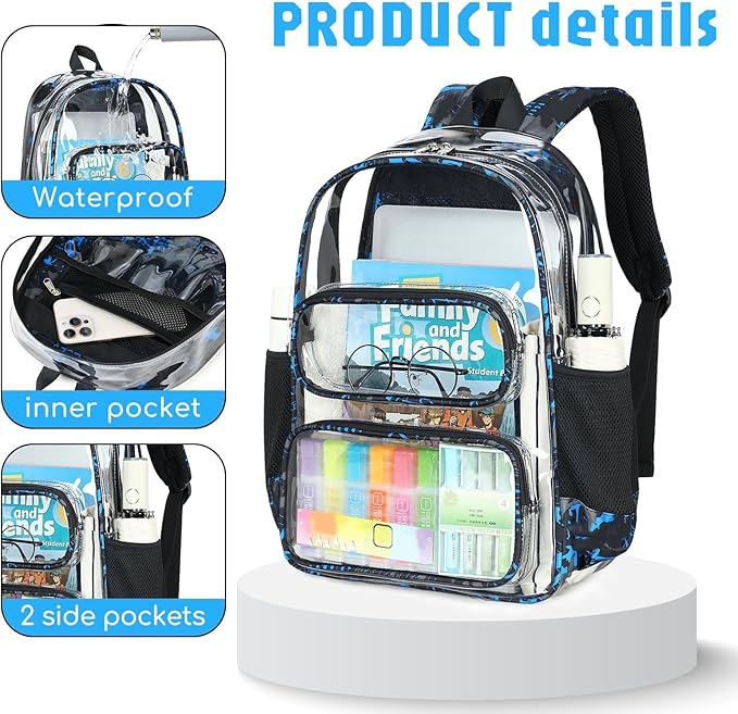 CAMTOP Clear Backpack Heavy Duty Transparent Bag See Through BookBag for Student School Work Festival Sport Travel (Blue Camo Set)
