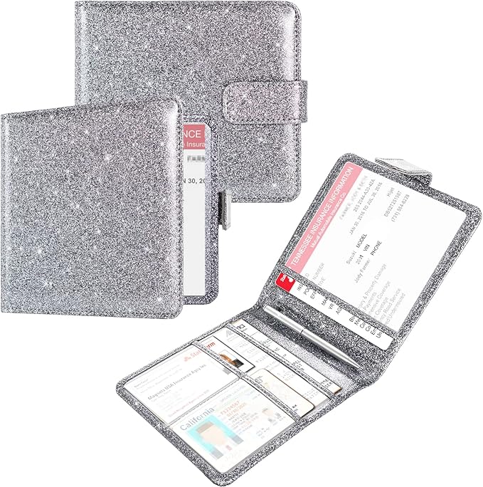 Car Registration & Insurance Holder - Premium Leather Document Organizer for Cards, Essential Documents, Driver License - Gray Glitter
