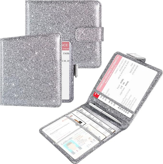 Car Registration & Insurance Holder - Premium Leather Document Organizer for Cards, Essential Documents, Driver License - Gray Glitter
