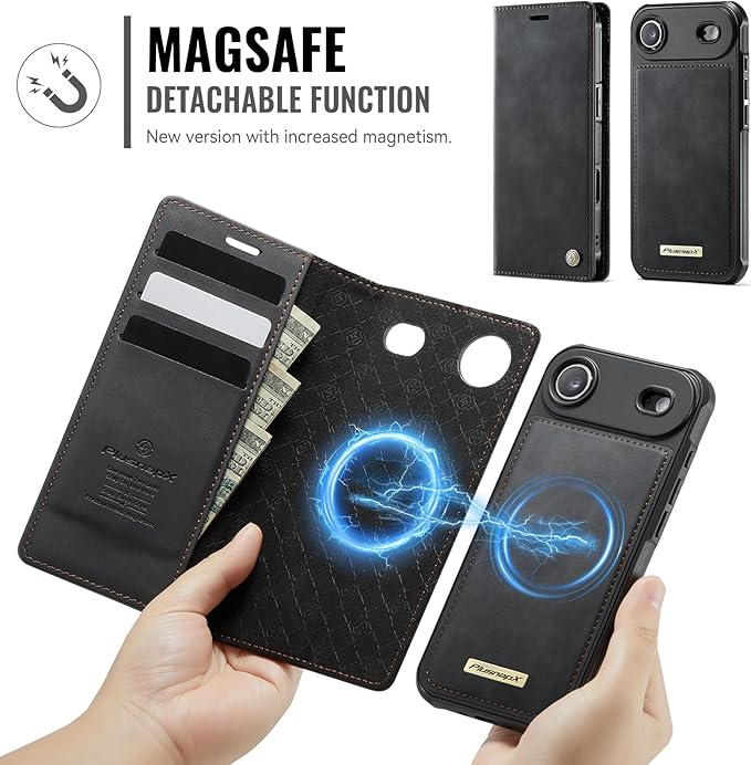 PlusnapX Wallet Case for iPhone Air Compatible with Magsafe, 2-in-1 PU Leather Flip RFID Blocking Card Holder Stand ShockAirof Magnetic Detachable Cover for iPhone 17 Air Case 6.5", Black