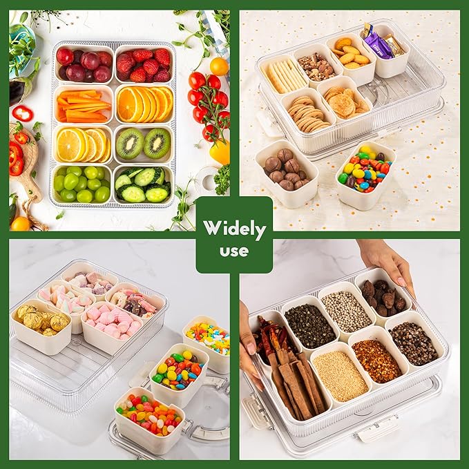 Patent Design Ribbed Snackle Box Container Snack Container Divided Serving Tray with Lid and Handle, 8 Divider Portable Snacklebox for Travel Beach for Charcuterie Veggie Fruit 2 Pack