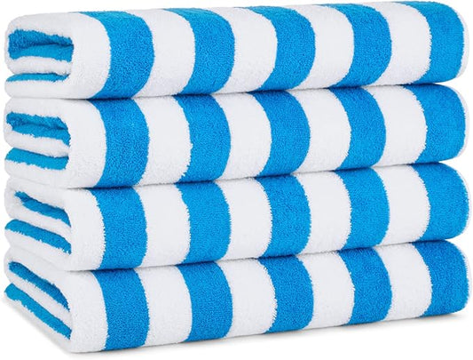 Arkwright California Cabana Stripe Beach Towel - Pack of 4, Large Soft Quick Dry Cotton Terry Towels Set for Pool, Swim, and Hot Tub, Oversized 30 x 70 in, Blue