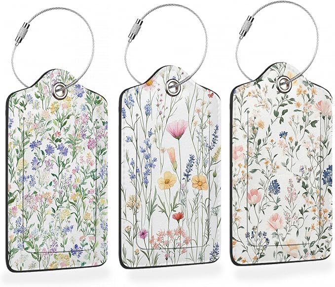 Colorful Vintage Watercolor Wildflower 3 PCS PU Leather Luggage Tags for Suitcase, Luggage Tag with Privacy Flap, Name ID Label and Metal Loop for Women Men Baggage Handbag School Bag Backpack