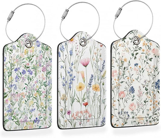 Colorful Vintage Watercolor Wildflower 3 PCS PU Leather Luggage Tags for Suitcase, Luggage Tag with Privacy Flap, Name ID Label and Metal Loop for Women Men Baggage Handbag School Bag Backpack