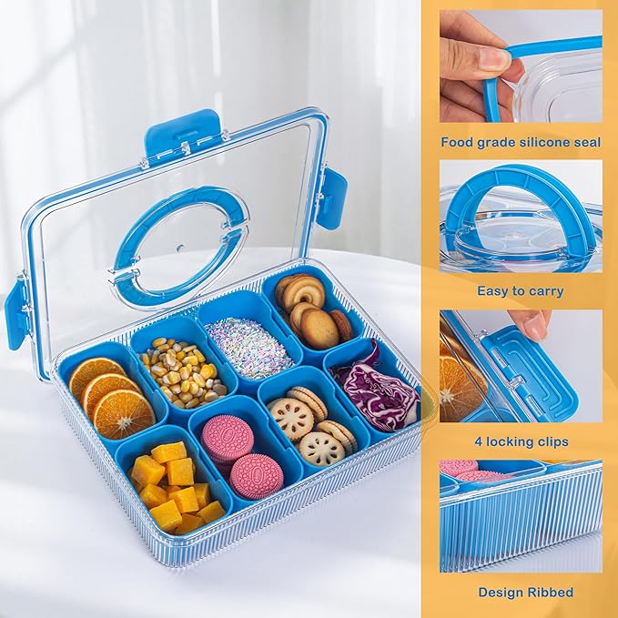 Patent Design Ribbed Snackle Box Container Divided Serving Tray with Lid and Handle -Charcuterie Container Portable Storage Organizer for Candy, Fruit, Beach, Picnics（1 pcs, Cerulean）