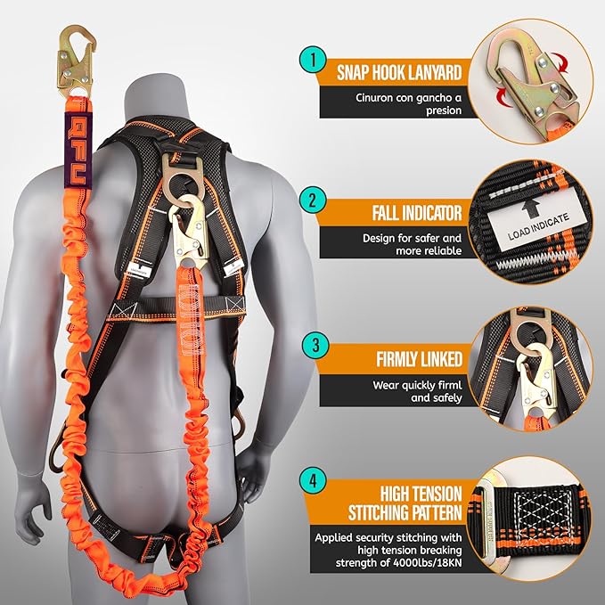 QFU Full Body Safety Harness & Fall Protection Kit with Padded Straps, ANSI Compliant, Includes Shock-Absorbing Lanyard for Roofing, Construction and Industrial Use