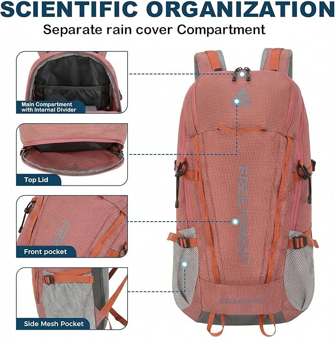 Bseash 45L Waterproof Hiking Camping Backpack with Rain Cover, Outdoor Sport Travel Bag Daypack for Climbing Skiing Cycling (Pink)