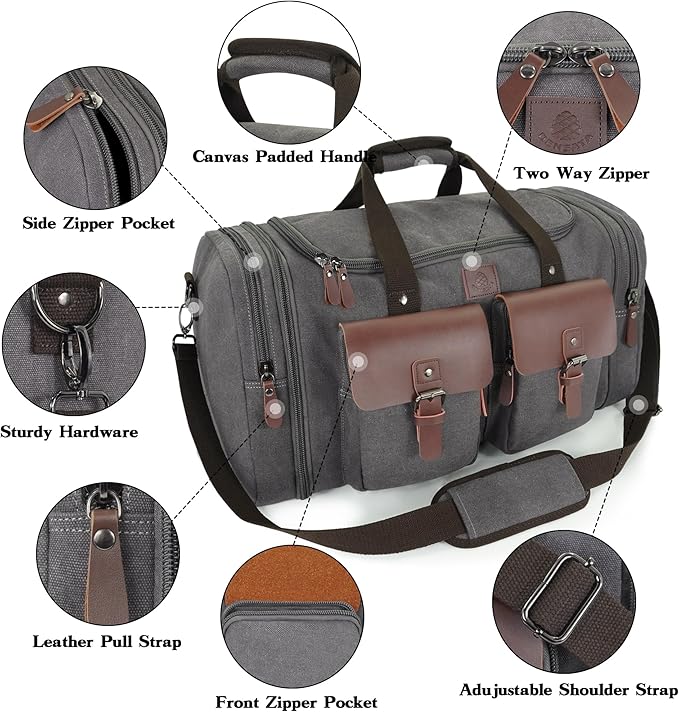 Canvas Duffle Bag for Men 60L Travel Duffel Bags Expandable Genuine Leather Duffel Overnight Weekender Carry On Bag Two Zipper Pockets Travel Bag (Grey, X Large-60L)