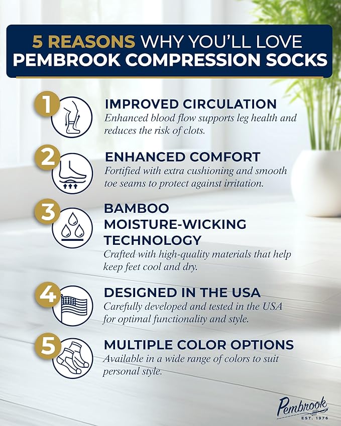 Pembrook Bamboo Viscose Light Compression Socks - 3 Pairs | 8-15 mmhg Compression Socks | Knee High Comfort Support Socks